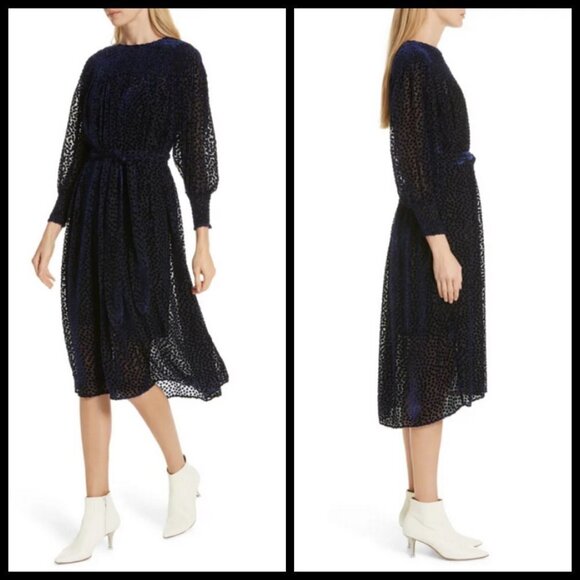 💕THE GREAT💕 The Merry Dress ~ Navy Blue Velvet Burnout Polka Dot Midi M NWT - Picture 7 of 16